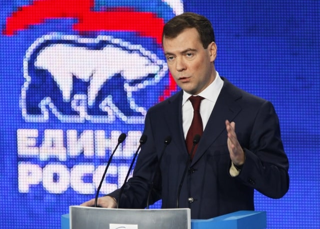 Russian President Dmitry Medvedev speaks at a congress of the United Russia party in St. Petersburg, Russia, Saturday, Nov. 21, 2009. Medvedev on Saturday sharply criticized officials in the dominant Kremlin-backed party for violations in recent regional elections, saying it must learn to win fairly.(AP Photo/Dmitry Lovetsky)