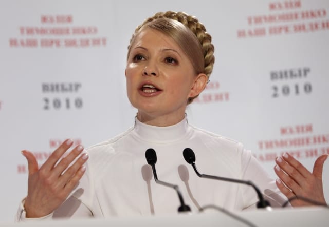 Ukraine's Prime Minister and the Presidential candidate Yulia Tymoshenko speaks to the media during her news conference in Kiev, Ukraine, Sunday, Jan. 17, 2010. Tymoshenko, who has fought to retain the loyalty of voters angered by what many see as her movement's unkept promises, would finish second with 27.2 percent, the exit poll said. The National Exit Poll is by a consortium of groups that conducted up to 13,000 interviews outside 240 polling places. It has a margin of error of 2.5 percentage points. (AP Photo/Alexander Zemlianichenko)
