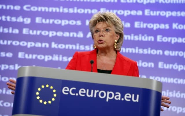 European Commissioner Vice President and Commissioner for Justice Viviane Reding speaks during a media conference at EU headquarters in Brussels, Tuesday, Sept. 14, 2010. Reding today threatened France with legal action over the mass expulsions of Roma. (AP Photo/Virginia Mayo) =@= European Commissioner Vice President and Commissioner for Justice Viviane Reding speaks during a media conference at EU headquarters in Brussels, Tuesday, Sept. 14, 2010. Reding today threatened France with legal action over the mass expulsions of Roma. (AP Photo/Virginia Mayo) =@= 