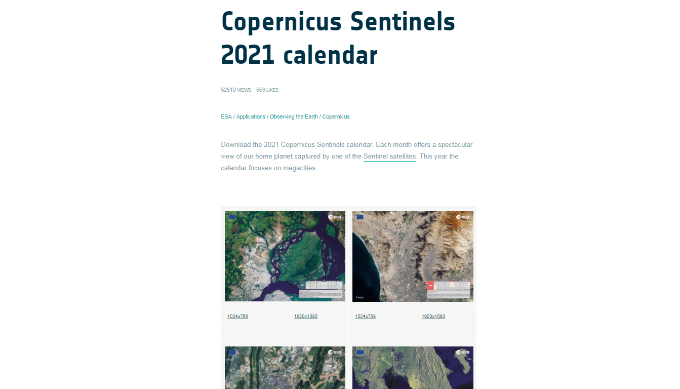 Copernicus Sentinels 2021 calendar