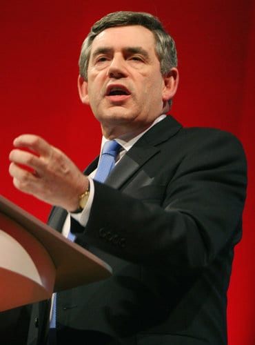 Gordon Brown speaks on stage at a special Labour leadership conference in Manchester, England Sunday June 24, 2007. Britain's Treasury chief Gordon Brown, who will become prime minister on Wednesday, vowed on Sunday to change Britain to meet new priorities, taking over from Tony Blair as leader of the Labour party days before he succeeds Blair as prime minister. (AP Photo/Simon Dawson)