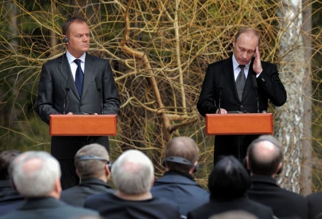 KATYN, RUSSIA 07/04/2010 Prime ministers of Poland and Russia, Donald Tusk and Vladimir Putin, commemorate the 70th anniversary of the Katyn massacre, the genocide of the 20,000 Polish officers by NKVD