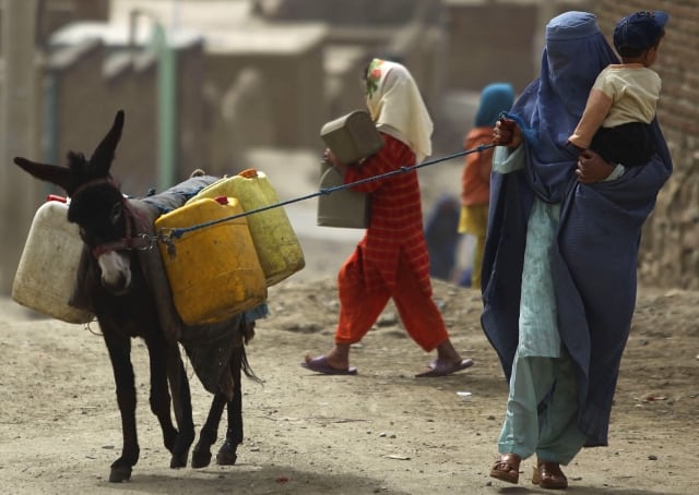 An Afghan woman walks along with donkey carrying jerry cans filled with water in Kabul, Afghanistan, Monday, March 22, 2010. Clean Water for a Healthy World is the theme for World Water Day 2010 which is celebrated Monday.(AP Photo/Rafiq Maqbool)