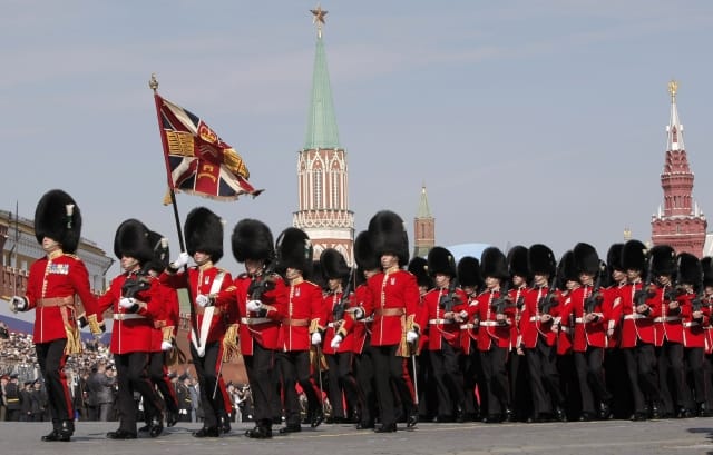 British soldiers of the 2nd Company Battalion Welsh Guards march during Victory Day Parade, with the Kremlin seen in the background, at Moscow's Red Square, Sunday, May 9, 2010. Troops from the United States, Britain and France joined the Russian armed forces for the Victory Day parade for the first time. (AP Photo/Misha Japaridze)