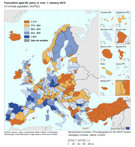 Populace ve věku 65 let a více v evropských regionech